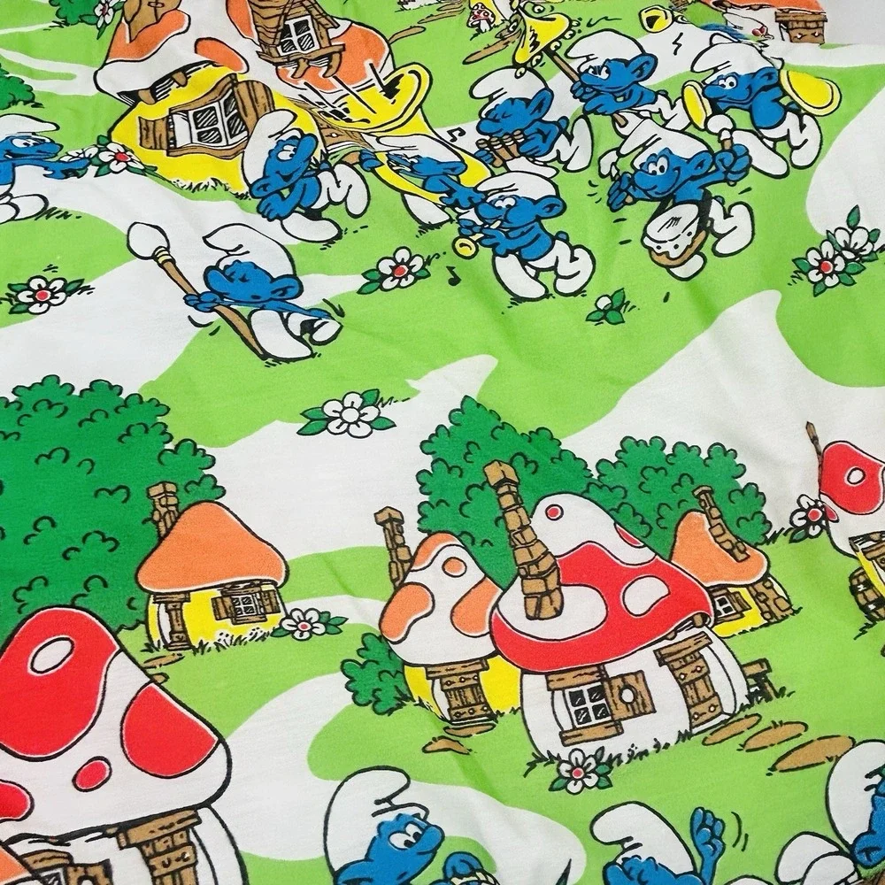Vintage Smurfs Baby Blanket Quilt Project Unfinished Edges 48x42 Handmade 80s